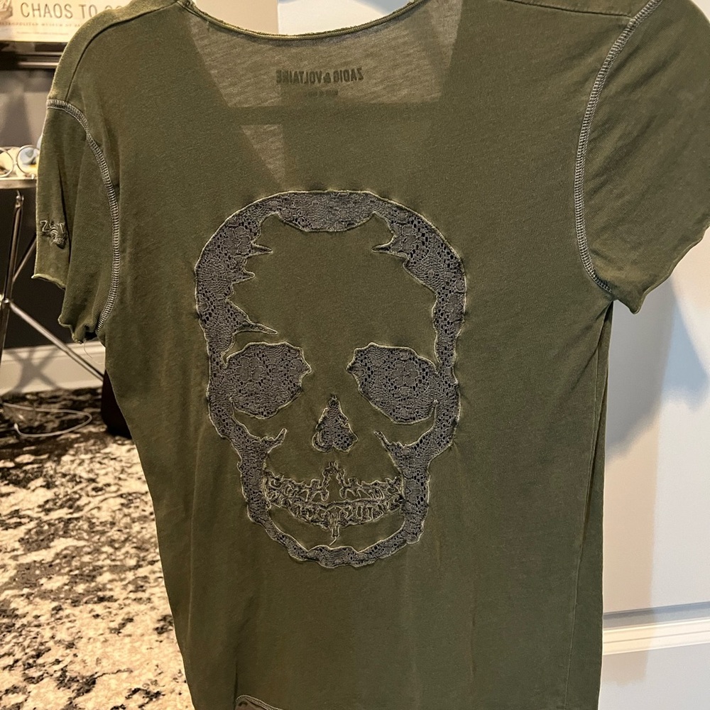 Zadig & Voltaire Lace Skull Back V-Neck T Shirt